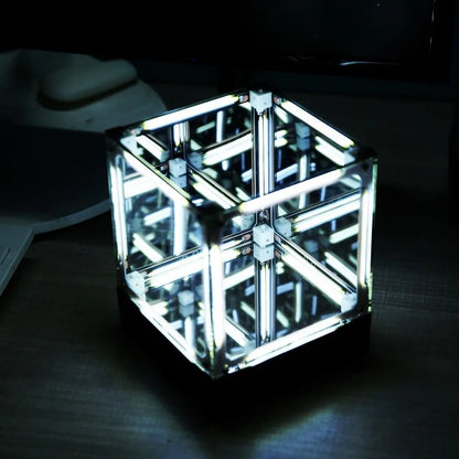 Yellow square maglev hypercube LED lamp floating mid-air front view