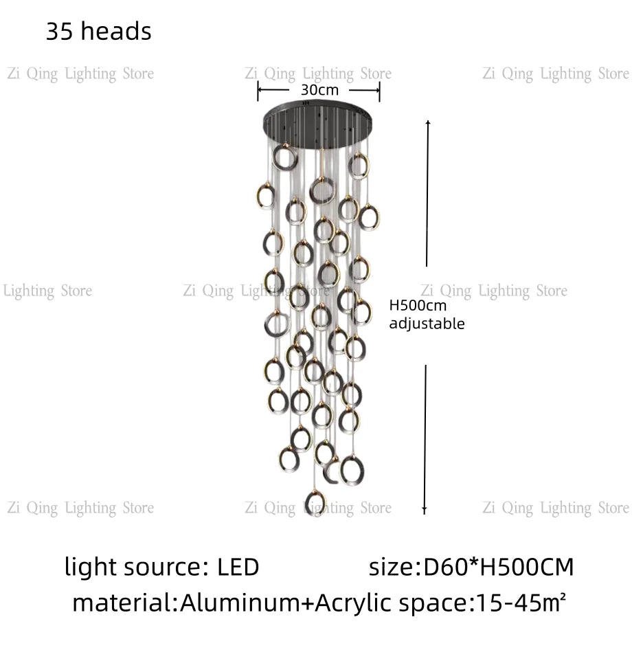 Three ring chandelier with 7.9 in rings for a compact stairwell