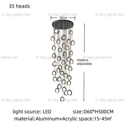 Three ring chandelier with 7.9 in rings for a compact stairwell