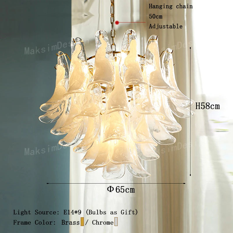 Clouded glass shade detail diffusing light on a brass chandelier