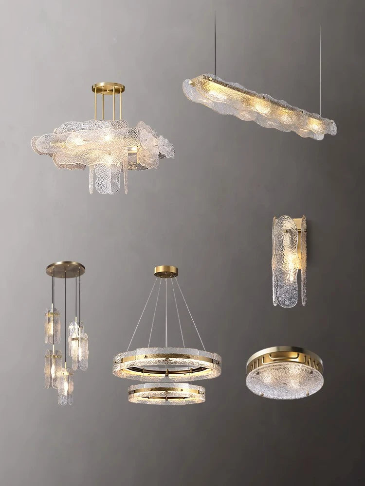 Water ripple glass chandelier with clear textured panels on gold steel