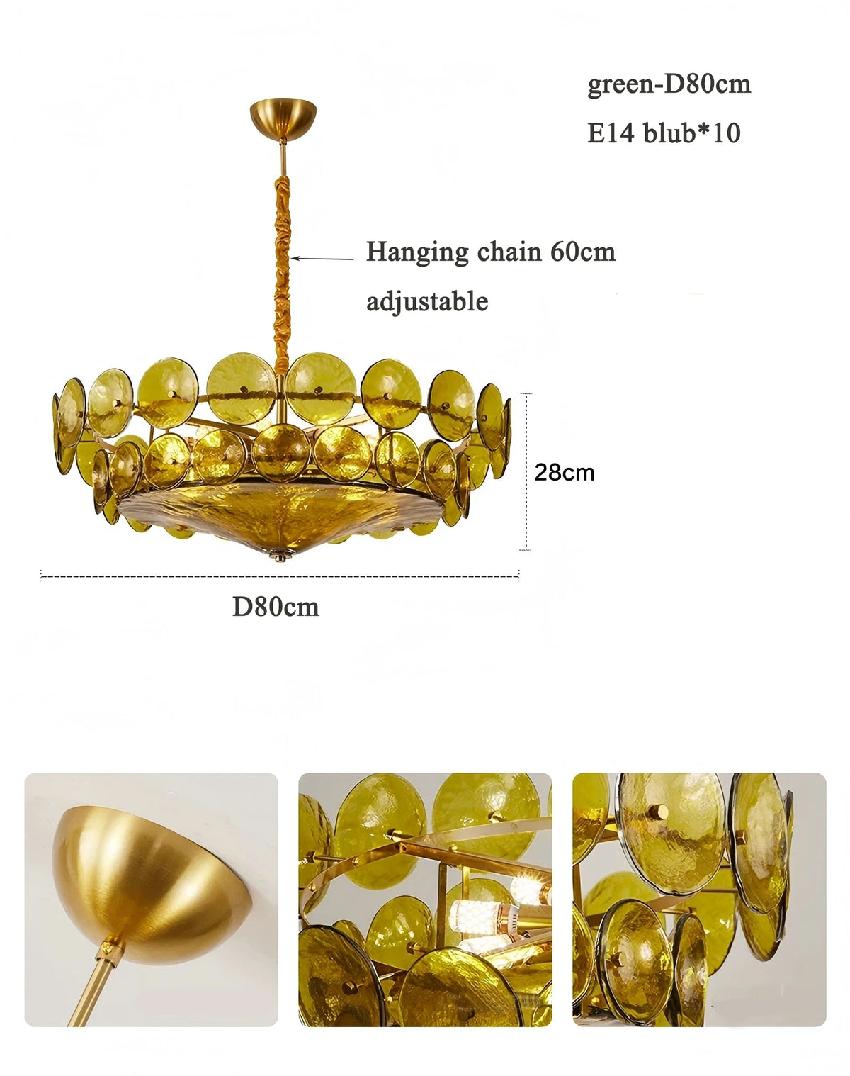 Green glass retro chandelier at 31.5 in diameter for dining rooms