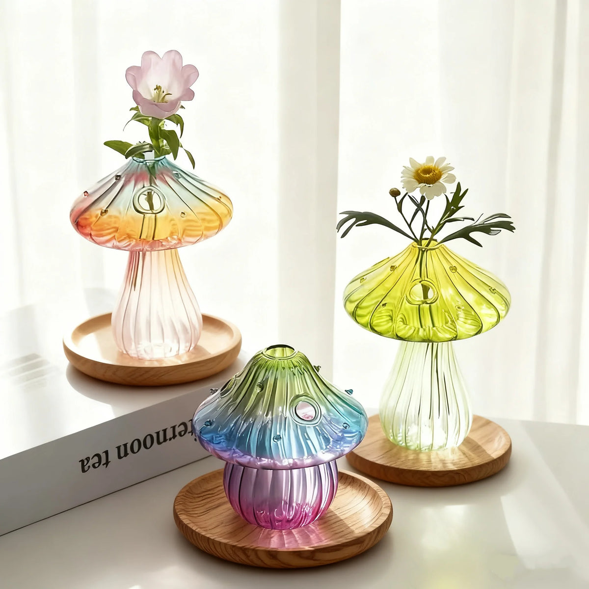 Handcrafted colorful boho glass mushroom cylinder vase on home shelf