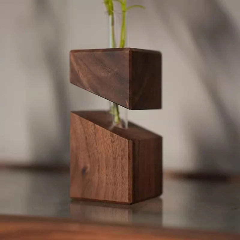 Solid wood geometric art glass wall hanging vase dried flowers