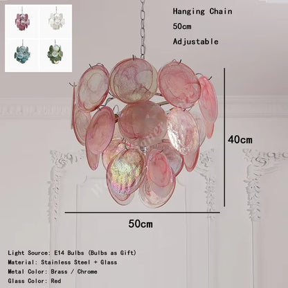Murano glass chandelier shown lit in warm 3000K E14 LED light