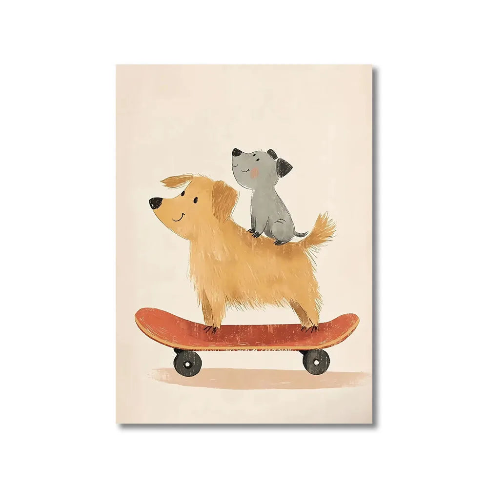 Cute Skateboard Animals Kids Canvas Wall Art Print
