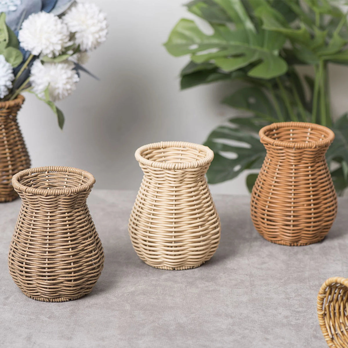 Style C handwoven rattan vase with dried lavender and wildflowers on a wooden desk