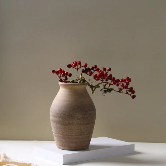 Vintage 20.4cm rough clay pottery vase with dried flowers on wooden shelf