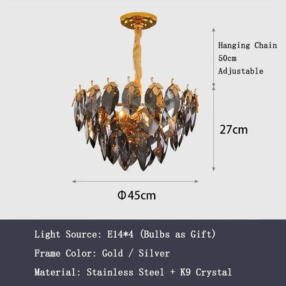 Smokey K9 crystal leaves on the chandelier plated stainless steel frame