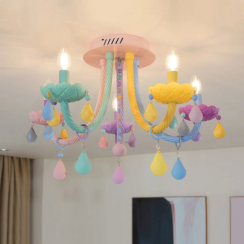 Six light macaron glass chandelier on a polished steel frame