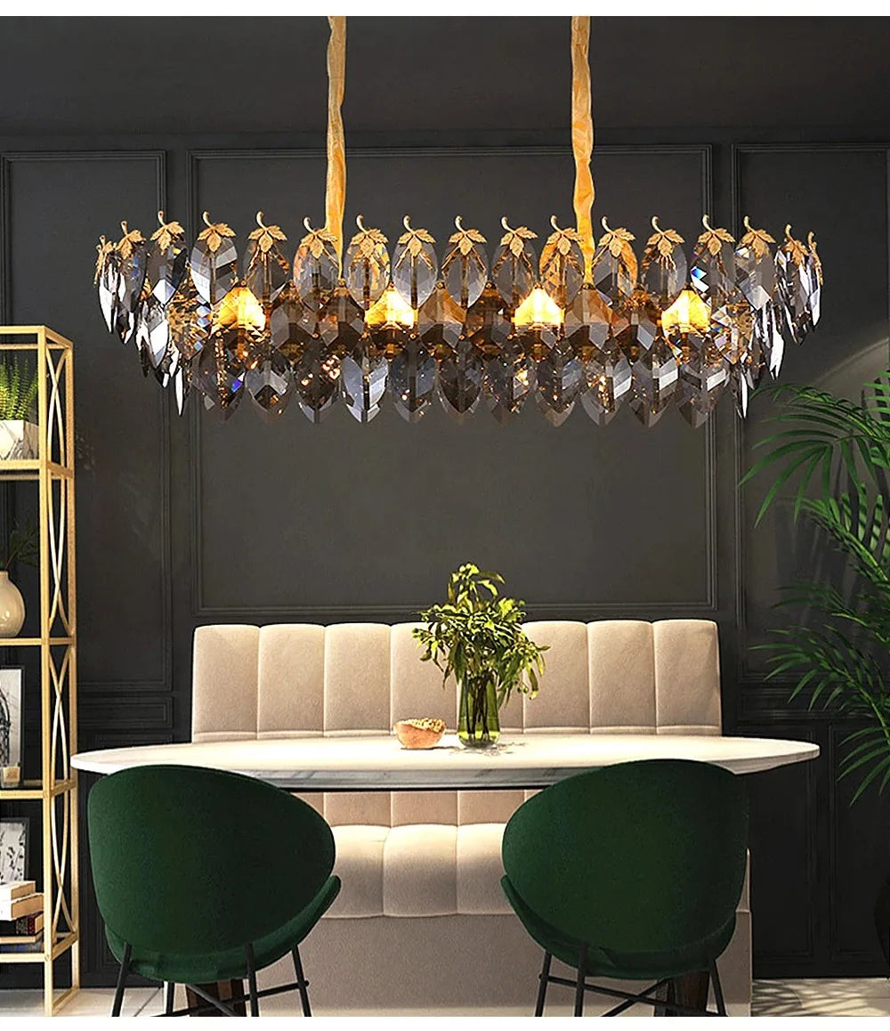 Smokey crystal leaf chandelier with polished stainless steel frame in gold