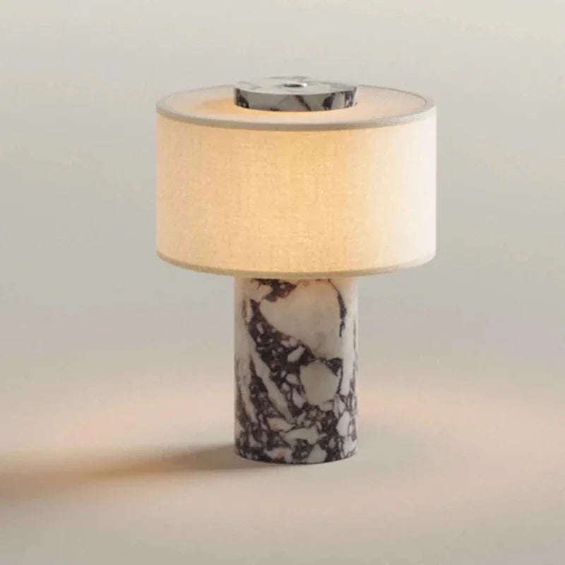 Natural yellow stone marble table lamp with fabric shade front view