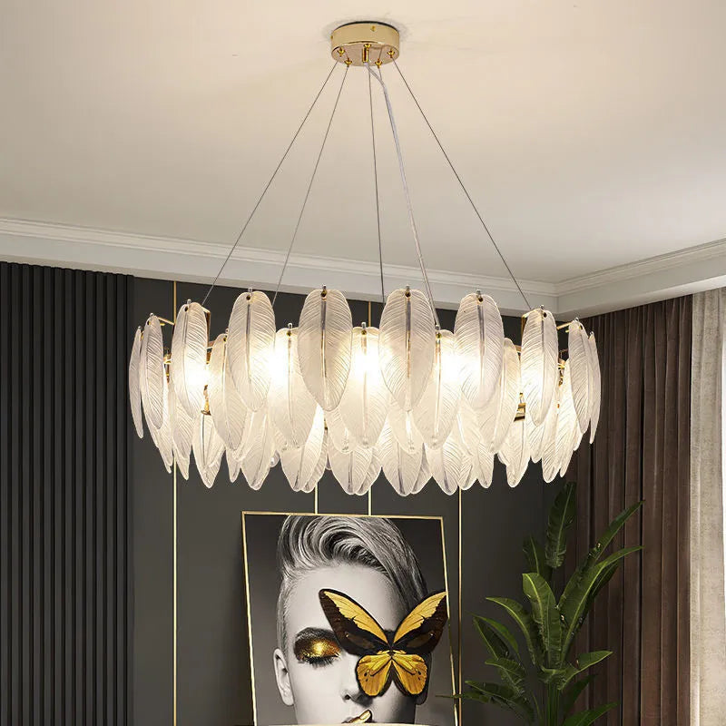 Feather glass gold chandelier with textured shades on plated metal
