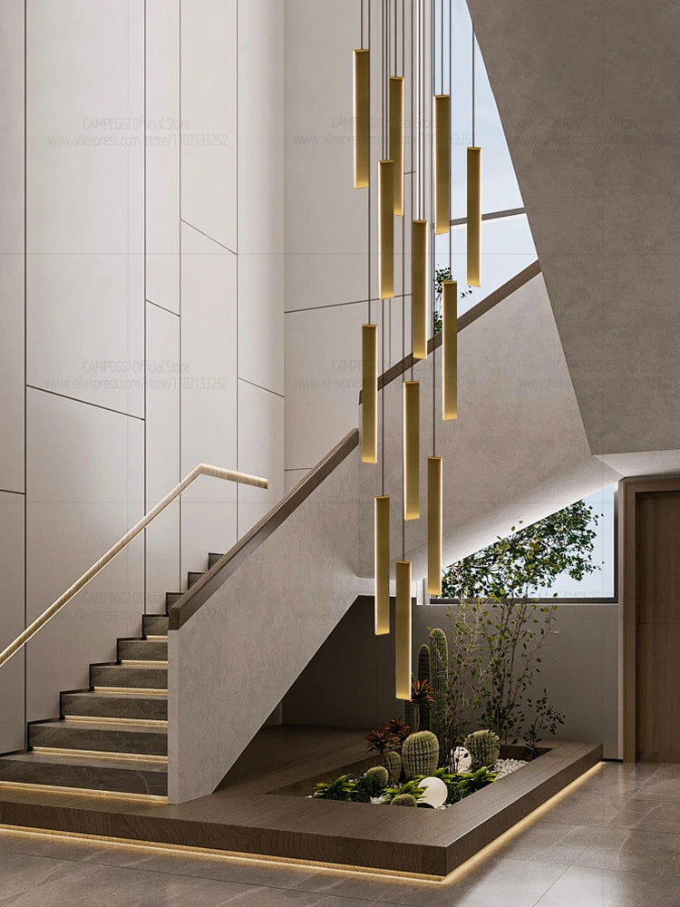 Minimalist aluminum rod chandelier on a polished steel cord pendant