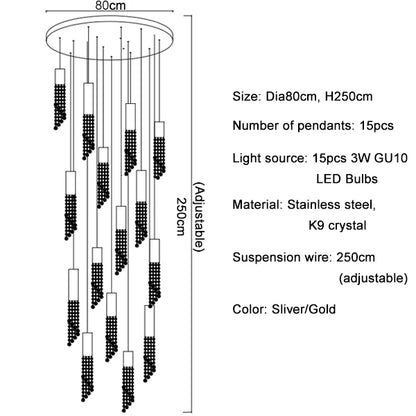 Crystal staircase chandelier in white light, non dimmable LED bulbs