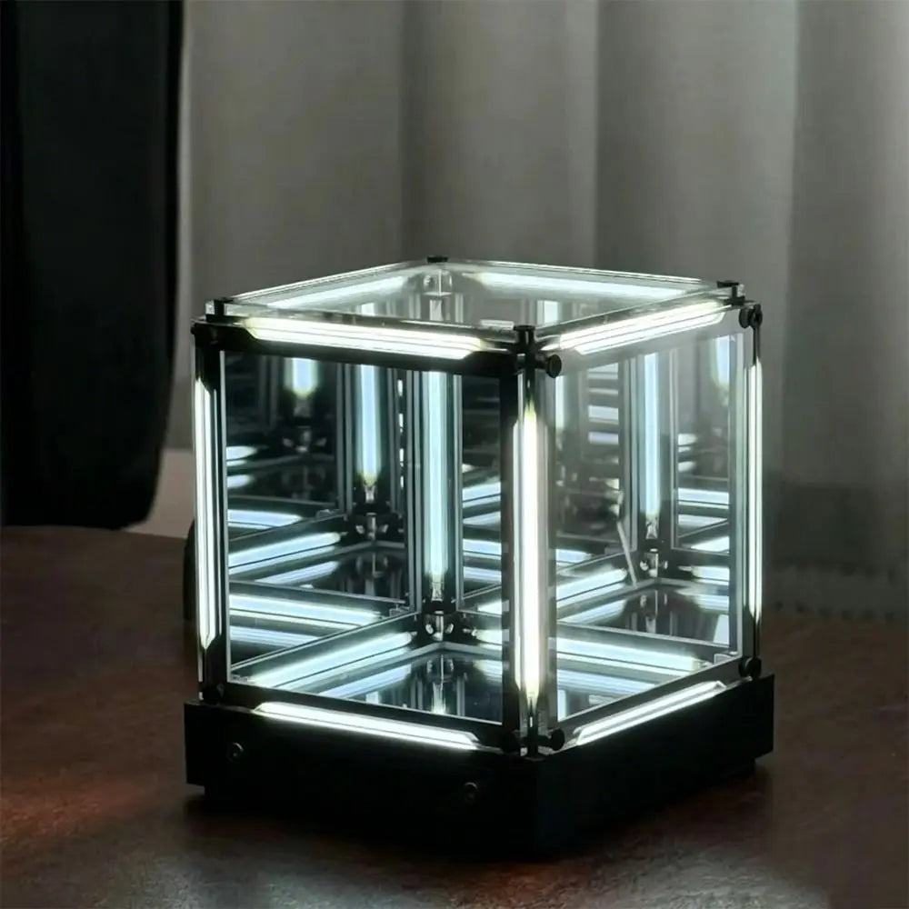 Maglev hypercube 4D LED night light levitating yellow square above black base