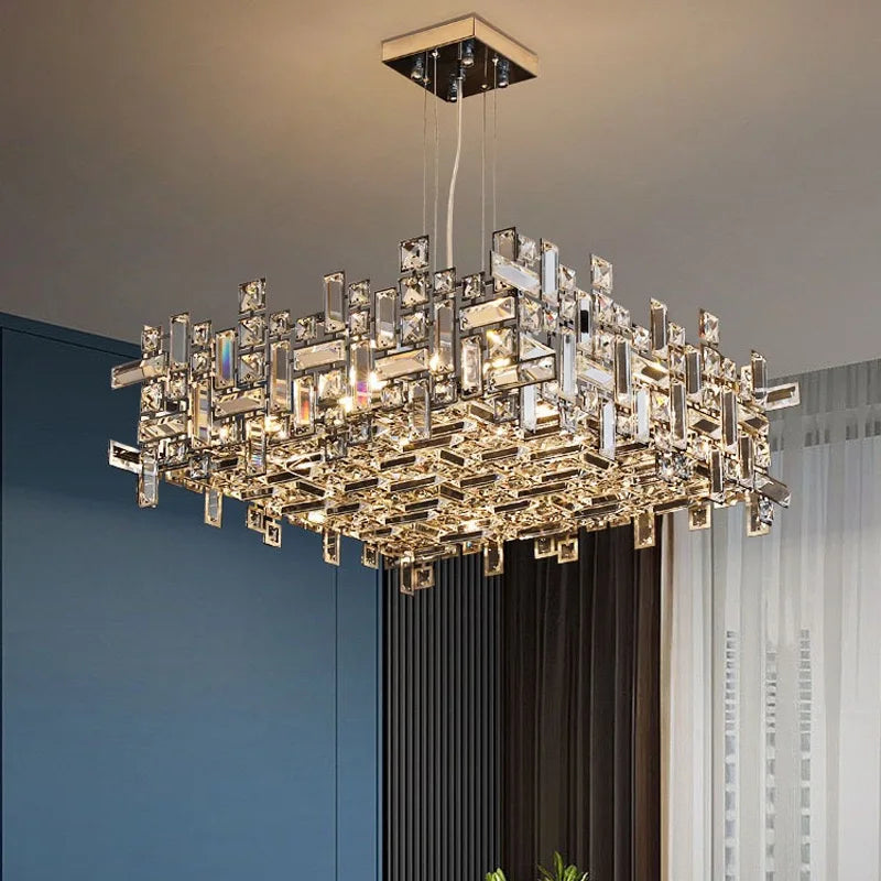 Crystal island chandelier in neutral 4500K light over a kitchen counter