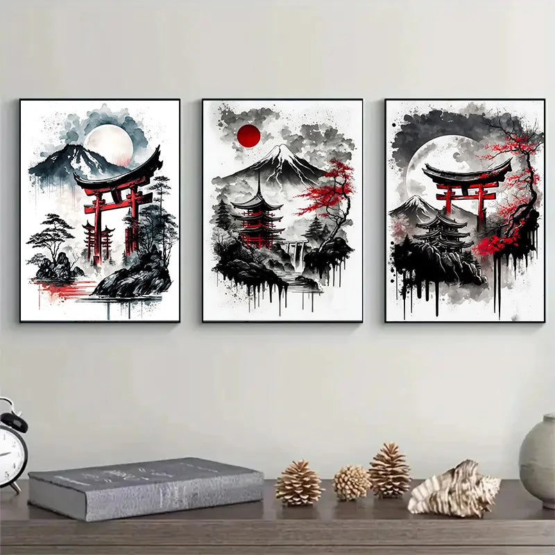 Japanese Ink Landscape 3-Piece Canvas Wall Art Set