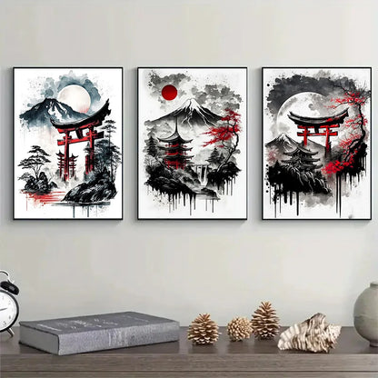 Japanese Ink Landscape 3-Piece Canvas Wall Art Set