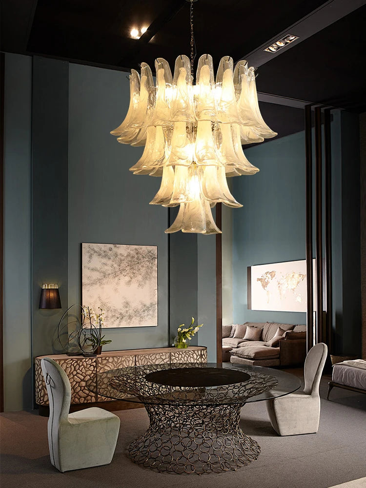 Cloudy glass petal chandelier with white shades on polished steel