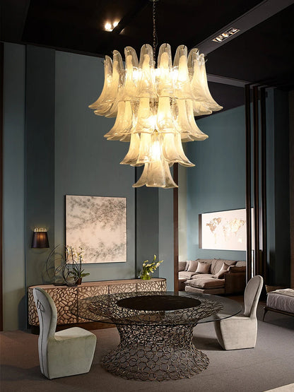 Cloudy glass petal chandelier with white shades on polished steel