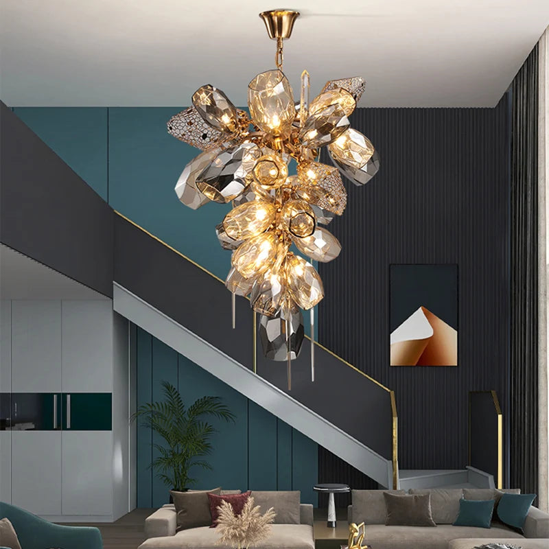 Round glass chandelier, 23.6 inch diameter by 29.5 inches high, in grey