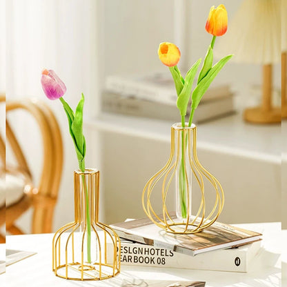 Iron art hollow gold vase with hydroponic test tube flower display