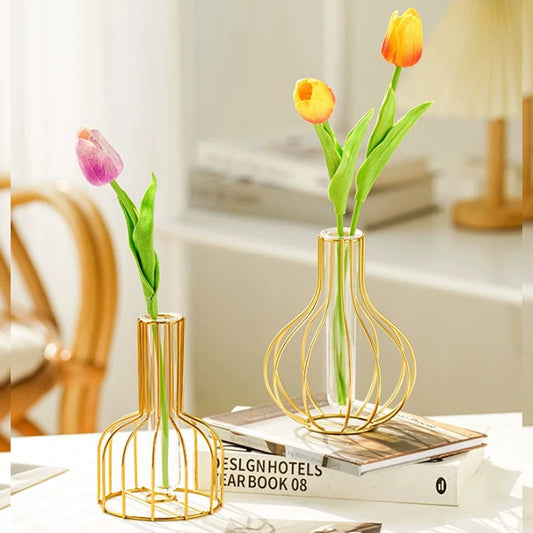 Iron art hollow gold vase with hydroponic test tube flower display