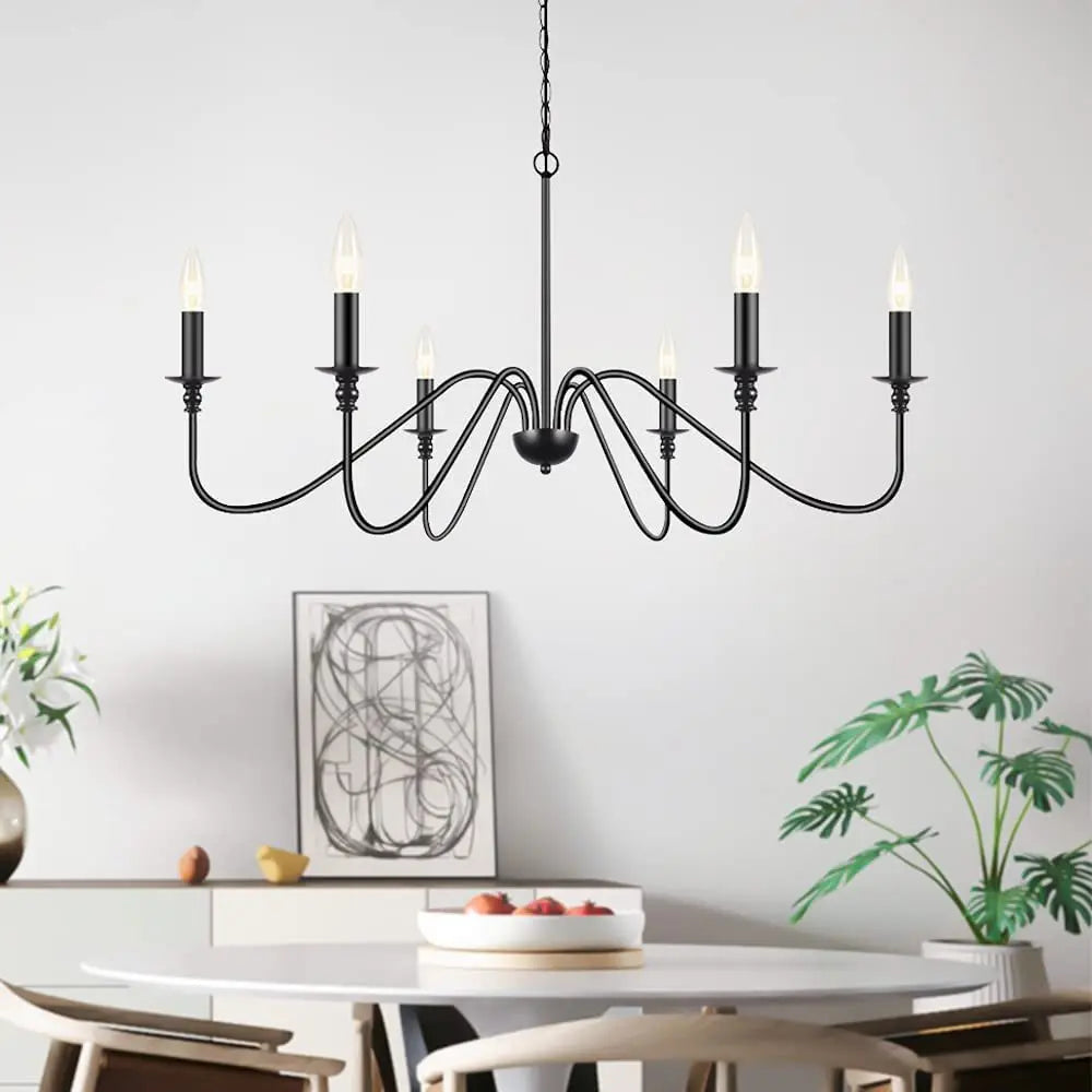 Eight arm loft chandelier in painted black with no shades on the sockets