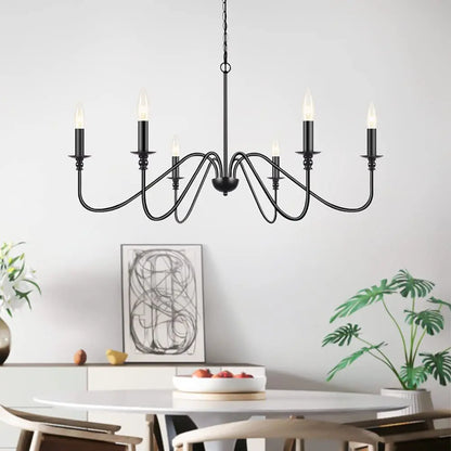 Eight arm loft chandelier in painted black with no shades on the sockets