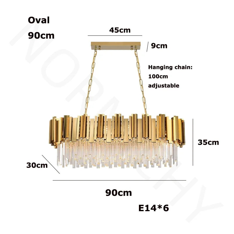 Oval crystal chandelier at 59.1 in length for a corridor ceiling