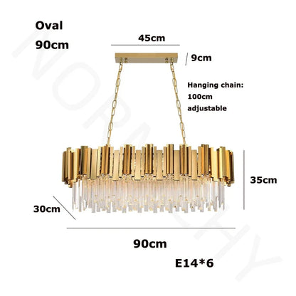 Oval crystal chandelier at 59.1 in length for a corridor ceiling