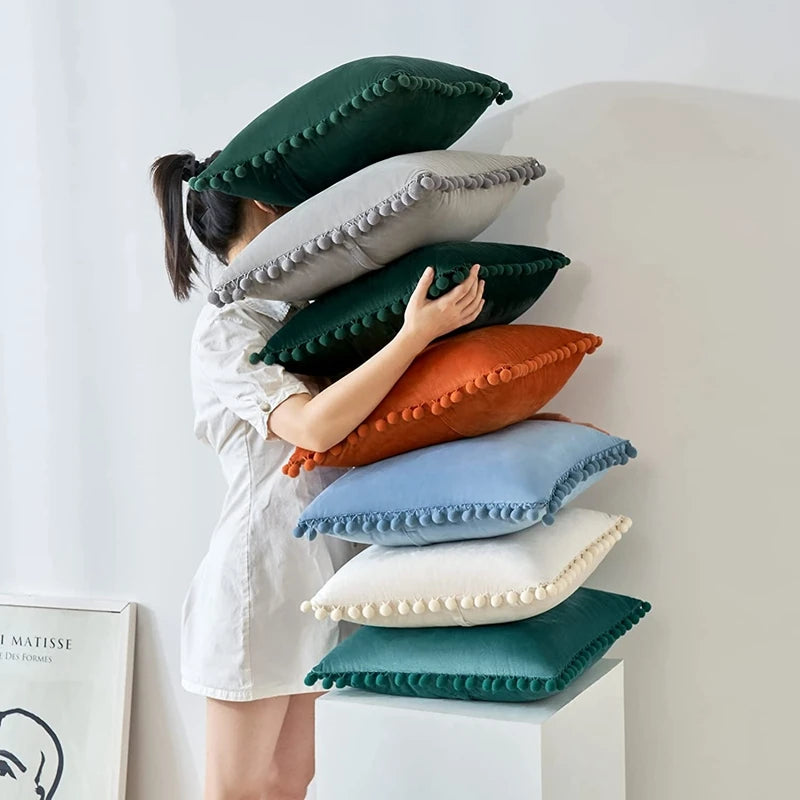 Velvet Pom-Pom Throw Pillow Cover — styling detail