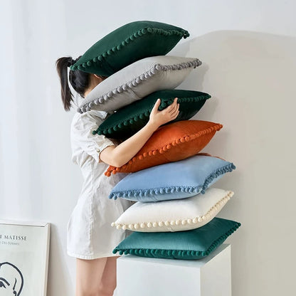 Velvet Pom-Pom Throw Pillow Cover — styling detail