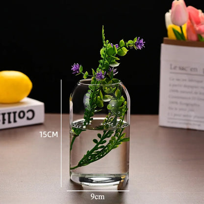 Large glass hydroponic vase with sunflower stem in Nordic interior setting