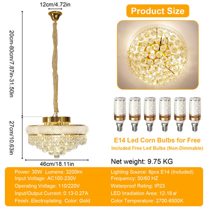 Gold crystal chandelier with push button switching, 110 to 240V
