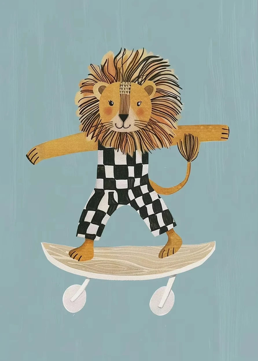 Cute Skateboard Animals Kids Canvas Wall Art Print