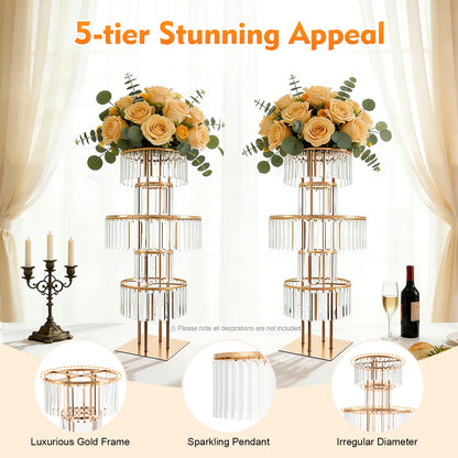 Gold acrylic 5-tier crystal wedding flower stand at 110cm with cascading floral arrangement