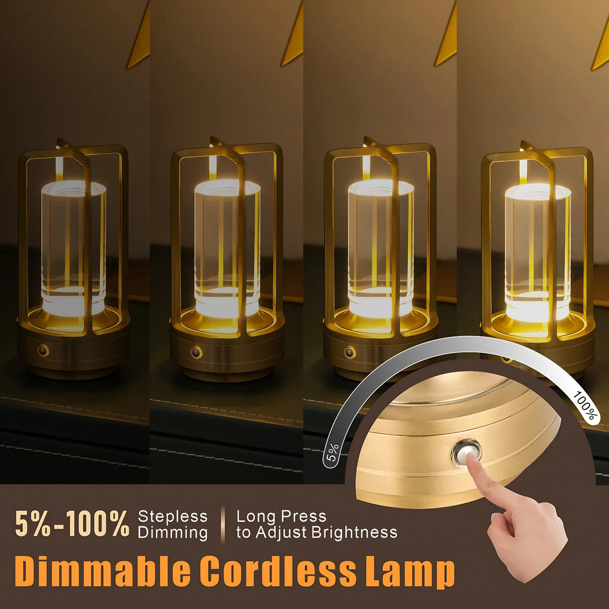Cordless night light showing USB charging port on metallic base