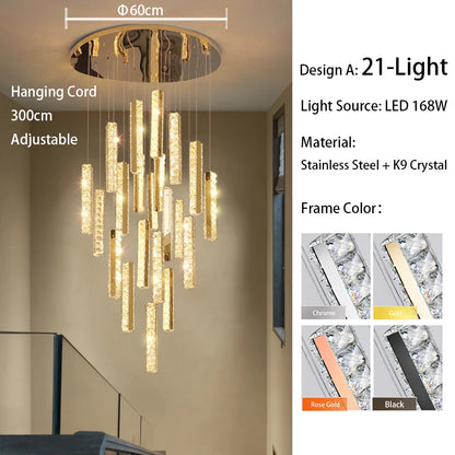 Spiral staircase chandelier lit in white light on a chrome frame