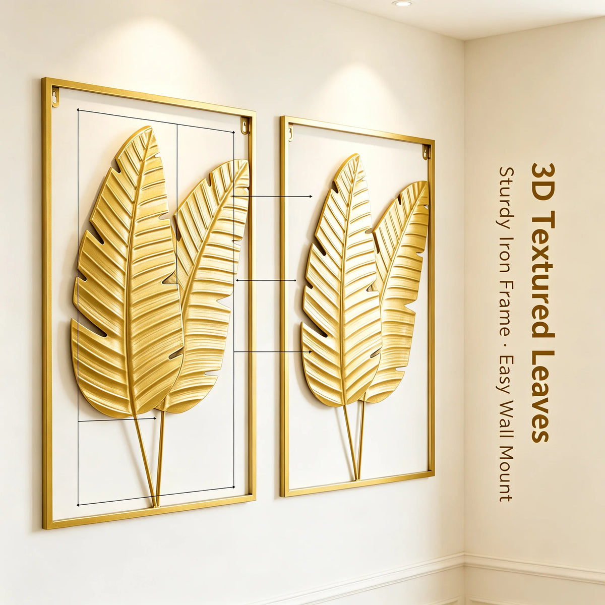 Gold metal botanical leaf wall decor sculpture — full product view with size reference