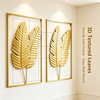 Gold metal botanical leaf wall decor sculpture — full product view with size reference