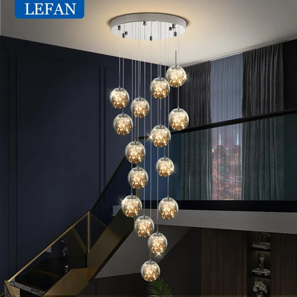 Glass globe chandelier with transparent balls on an iron and aluminum frame