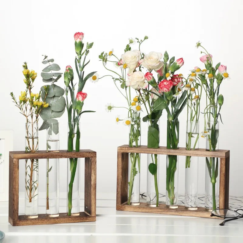 Five-tube glass hydroponic planter on natural wooden stand on home desk