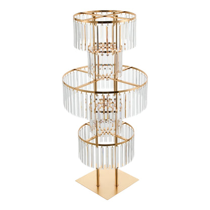 Gold acrylic tiered stands as ceremony aisle decorations with greenery and flowers