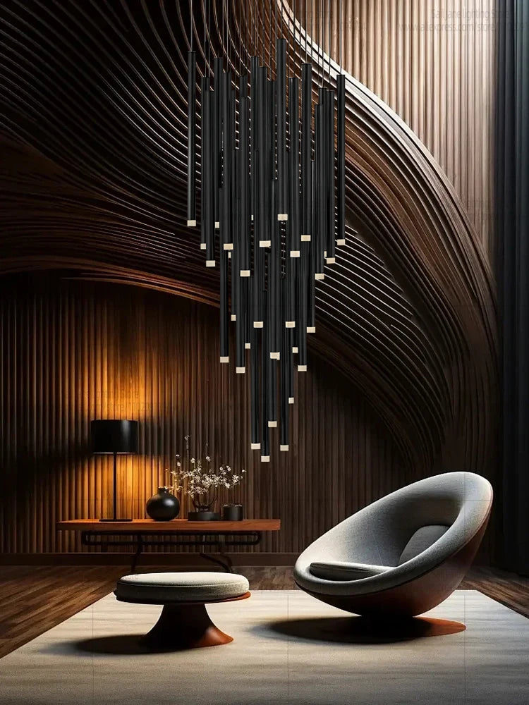 Black long staircase chandelier with fine acrylic rods on a painted frame