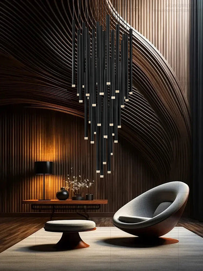 Black long staircase chandelier with fine acrylic rods on a painted frame