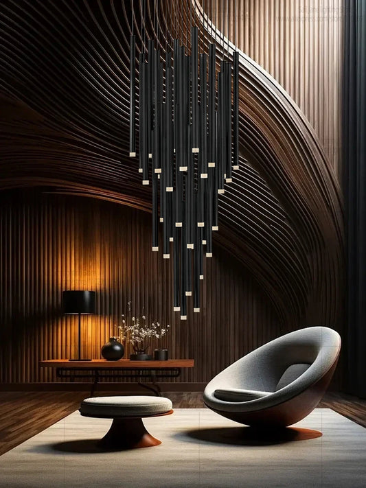 Black long staircase chandelier with fine acrylic rods on a painted frame