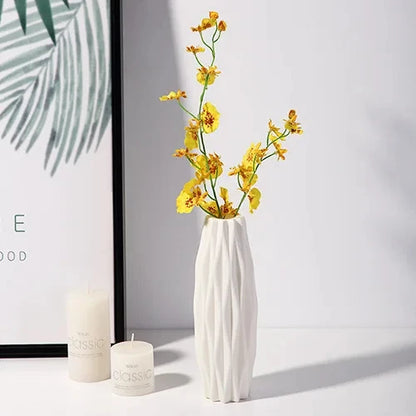 White plastic Nordic vase with dried botanical arrangement for bedroom decor