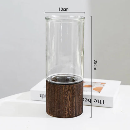 Style F glass bud vase with wooden base as a Scandi shelf accent display